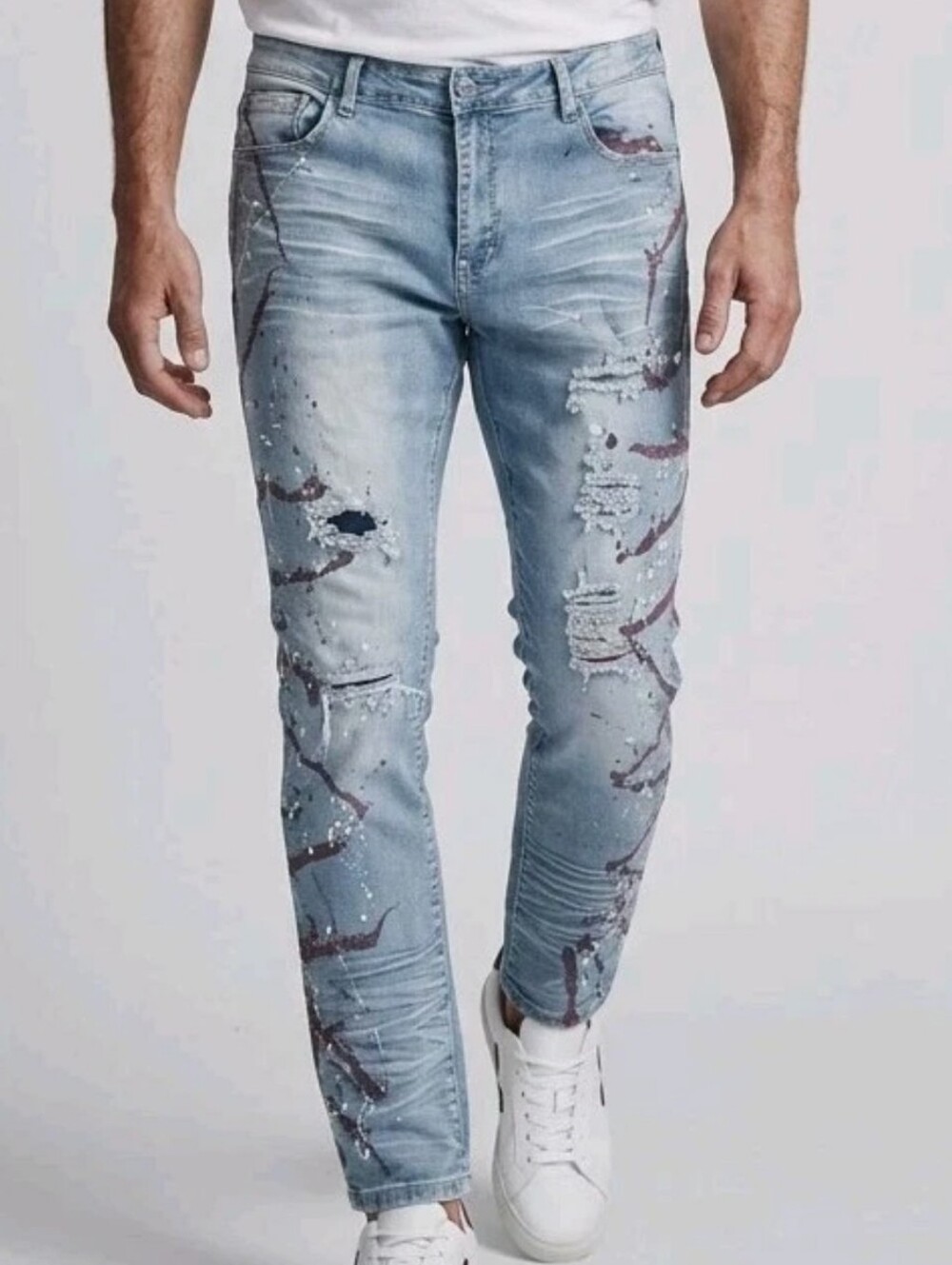 M Society Jeans Mens 40x32 Blue Denim Slim Fit Paint Splatter Distressed